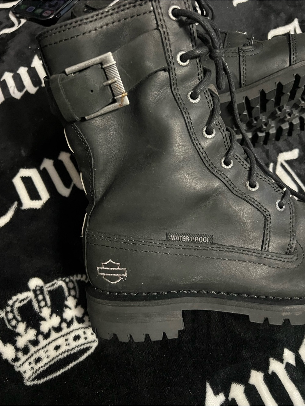 Harley-Davidson Black Leather Lace-Up Motorcycle Boots with Orange Sole Logo - Picture 2 of 5